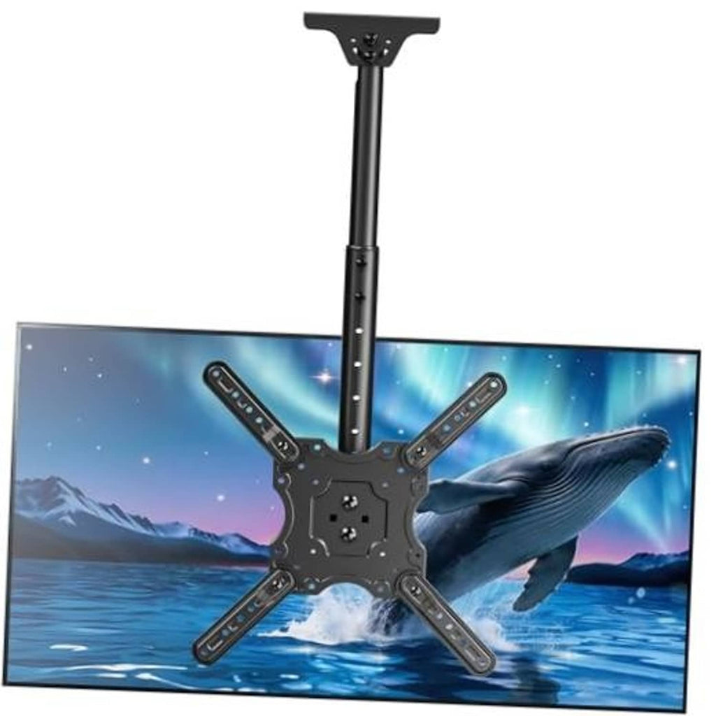Black ceiling TV mount with central pole and cross-shaped VESA bracket