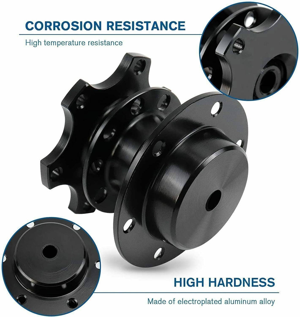 Black quick release hub adapter with flange plates and bolt holes, shown from multiple angles
