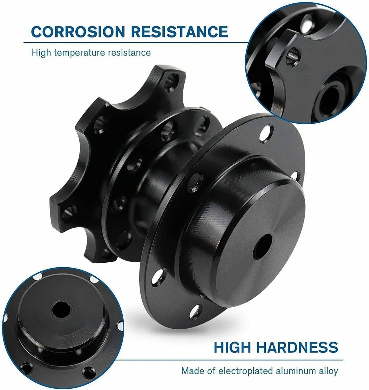 Black quick release hub adapter with flange plates and bolt holes, shown from multiple angles