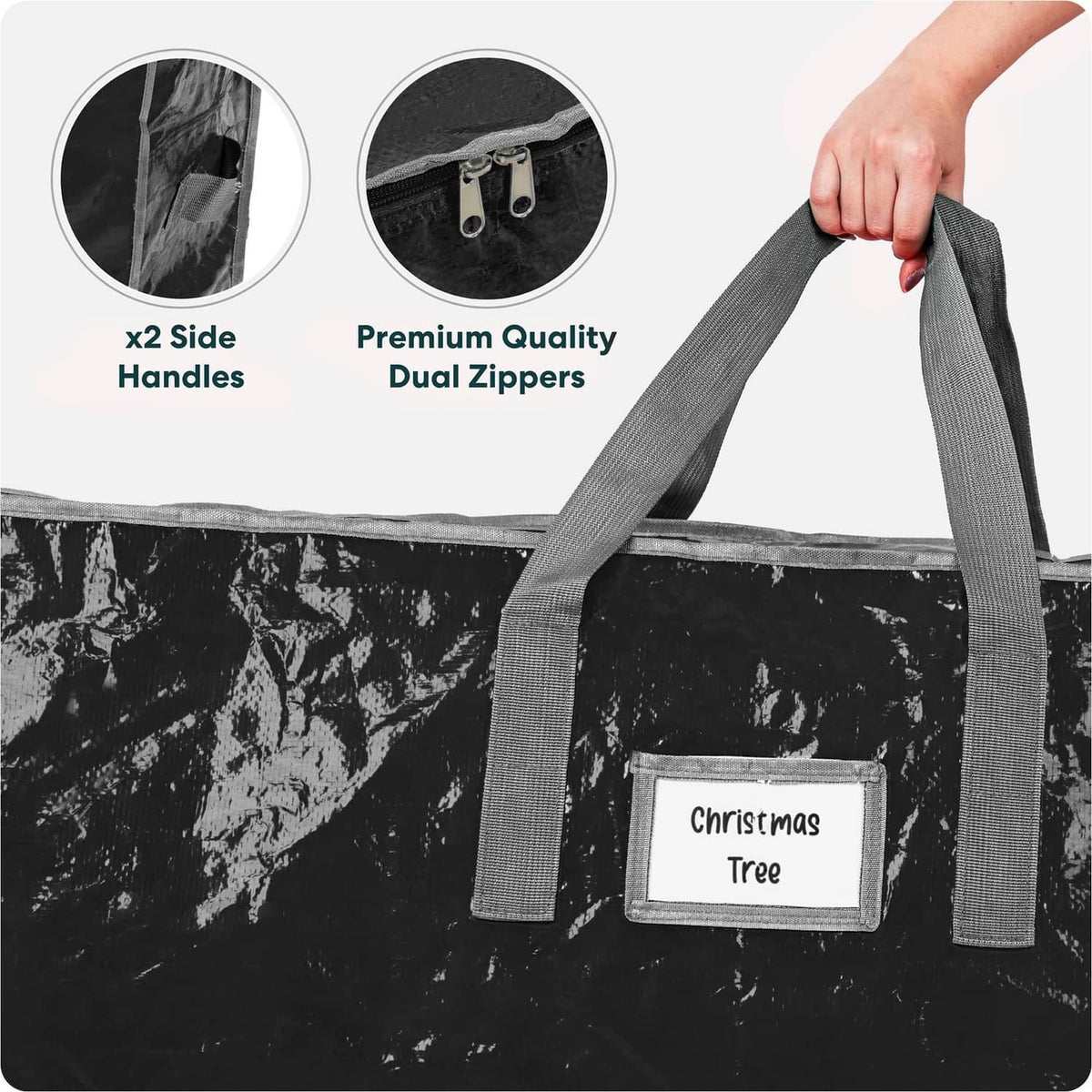 Black Christmas tree storage bag with dual zippers and two side handles