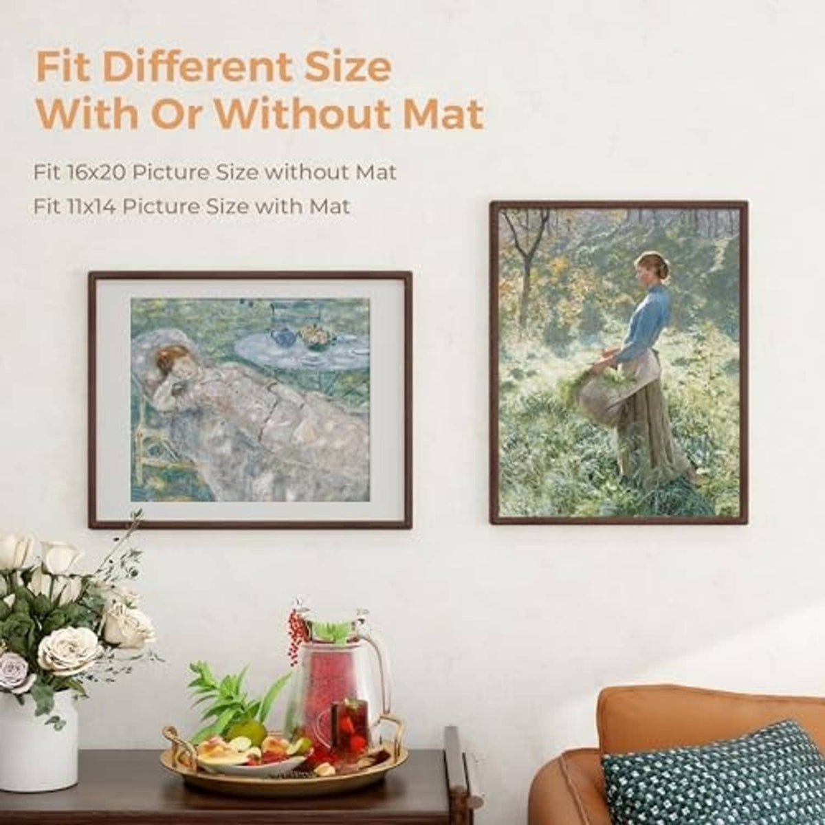 Walnut 16x20 picture frame pair on wall showing with and without mat, artwork inside