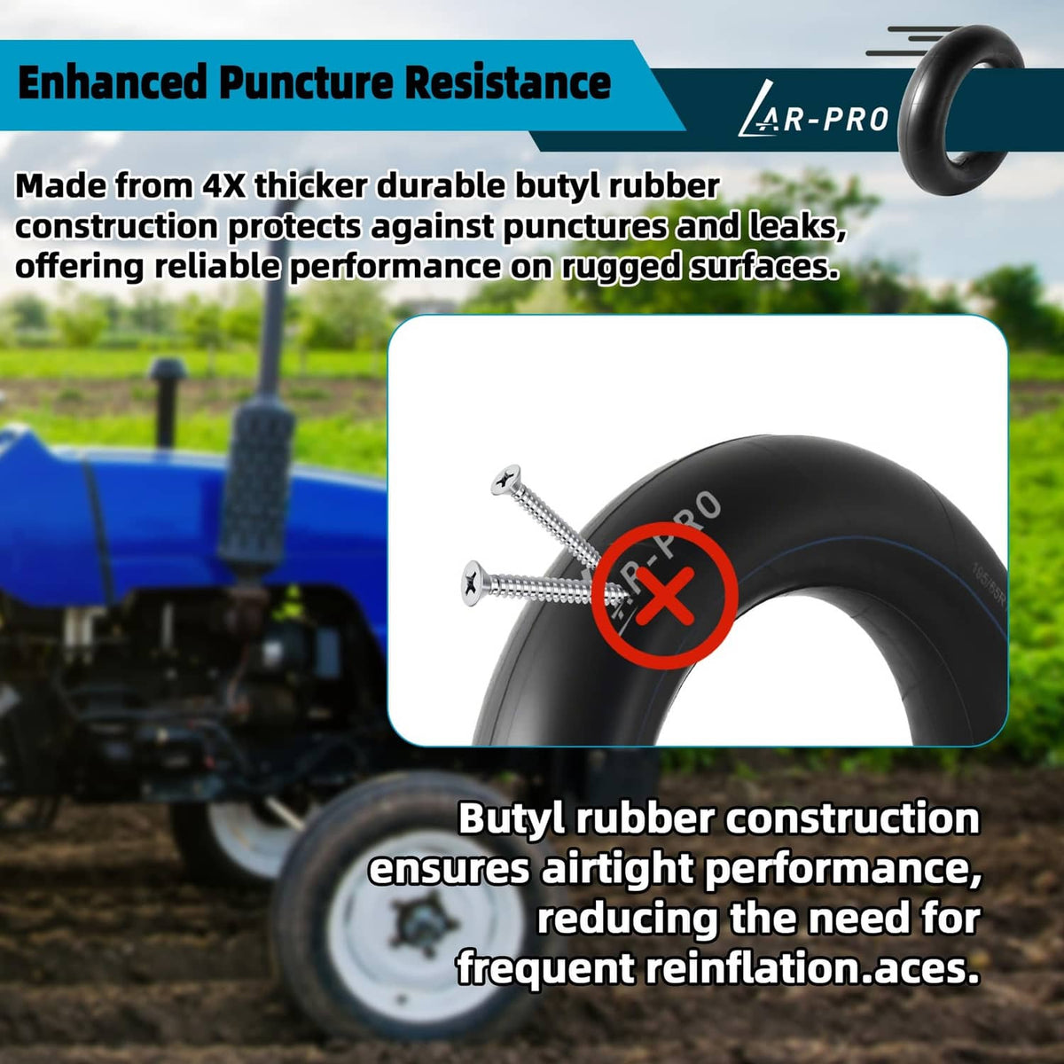 Black butyl inner tube with blue trim, showing puncture-resistance detail