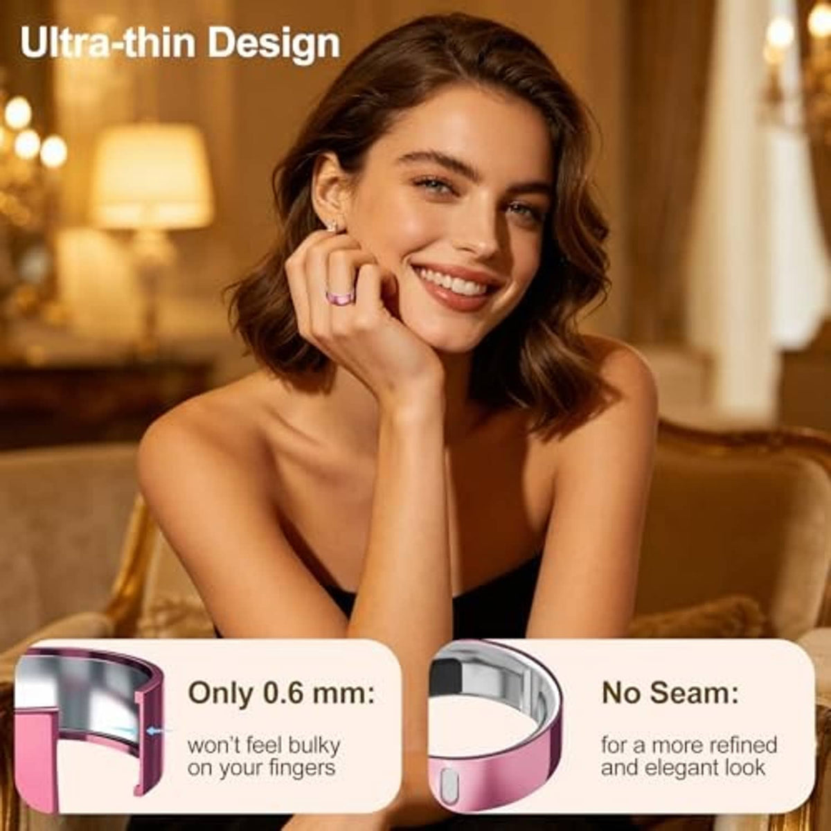 Pink ring cover on a finger, ultra-thin protective band with smooth edge