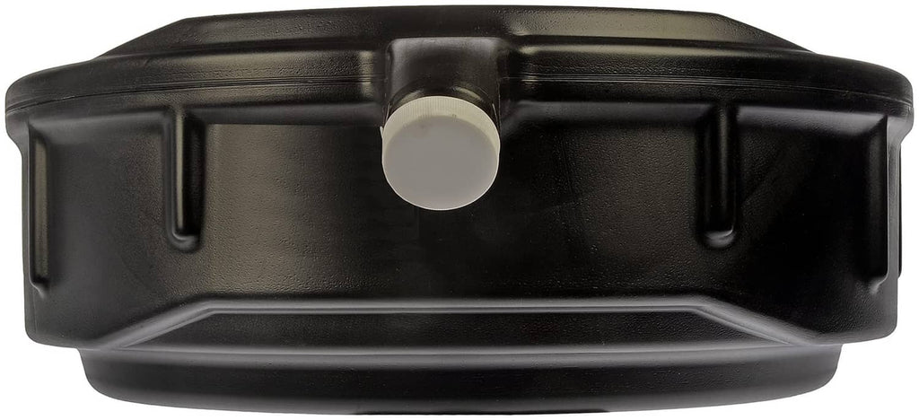 Black plastic drain pan with side view and white drain cap/plug
