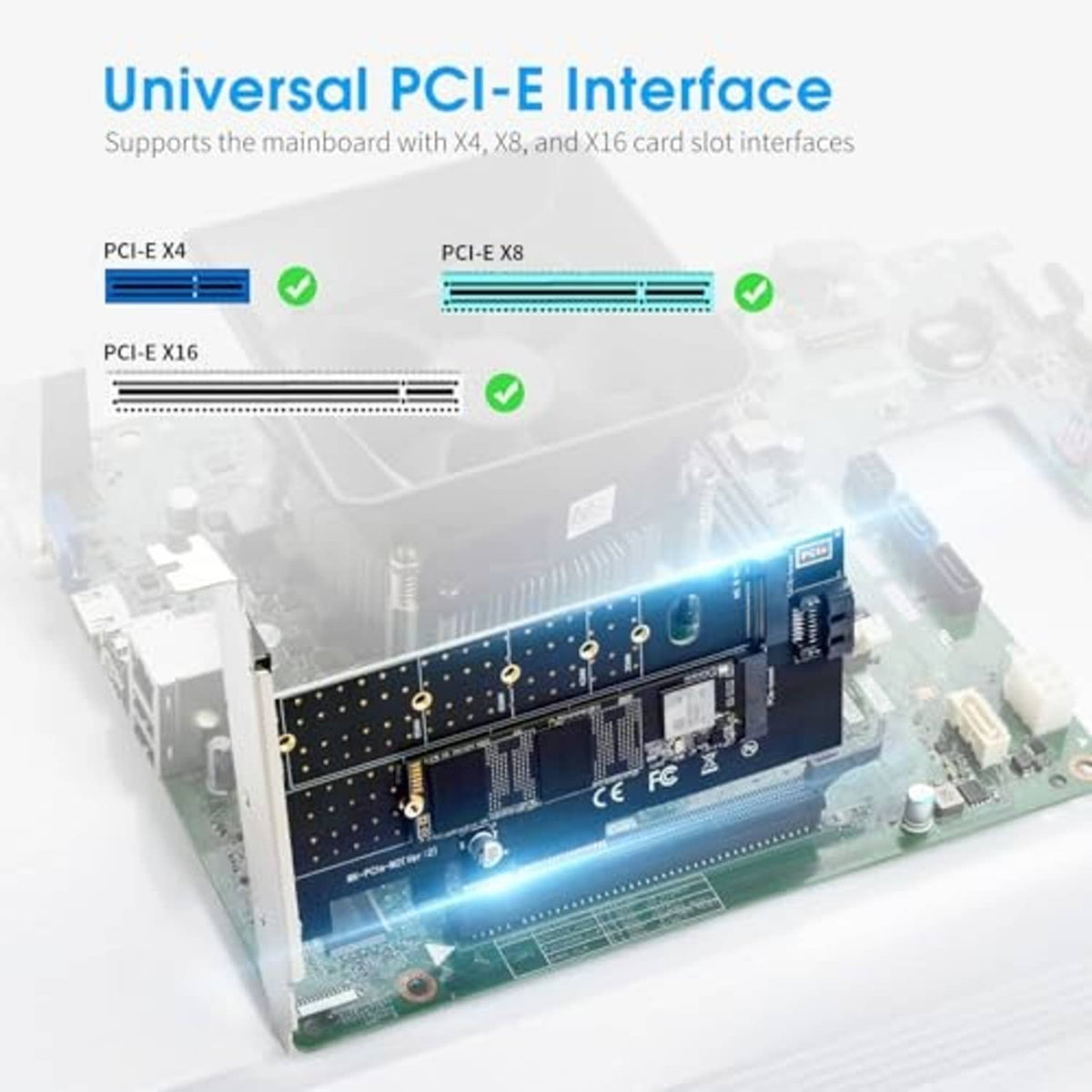 PCIe x4 expansion adapter card shown installed on a motherboard