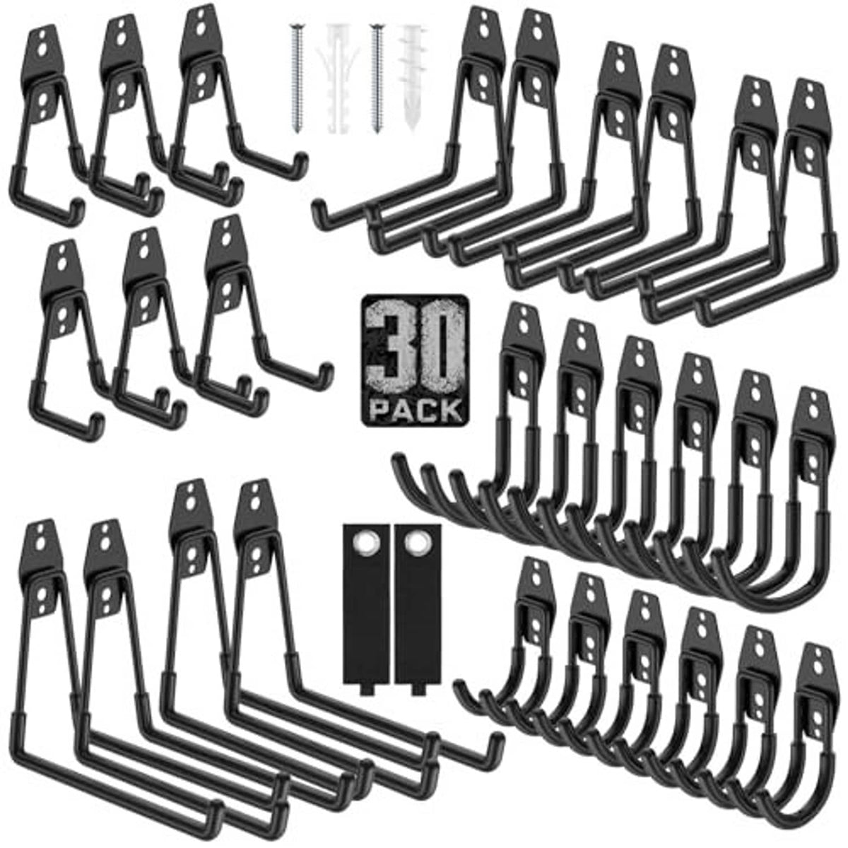 Black wall mount garage hook set, 30-pack display with curved J hooks