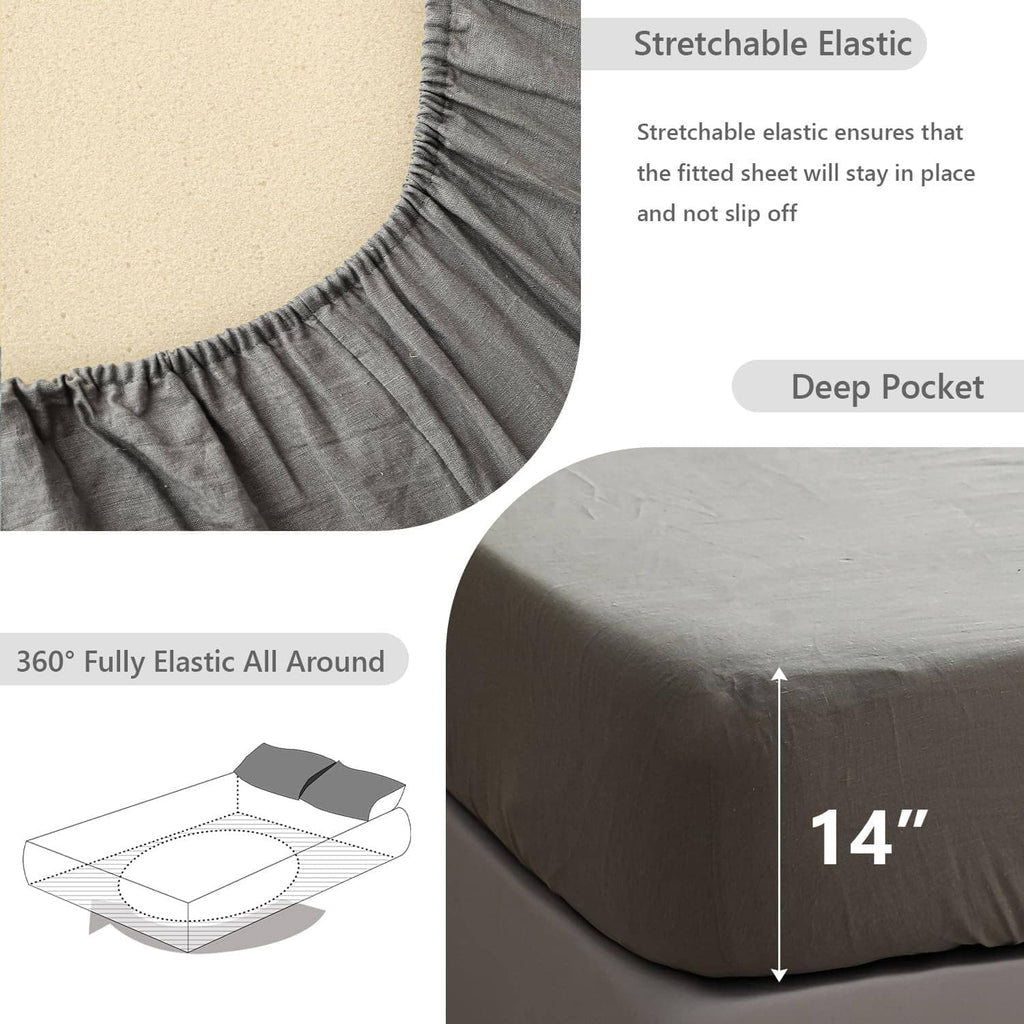 Gray linen fitted mattress cover with stretchable all-around elastic and deep pocket
