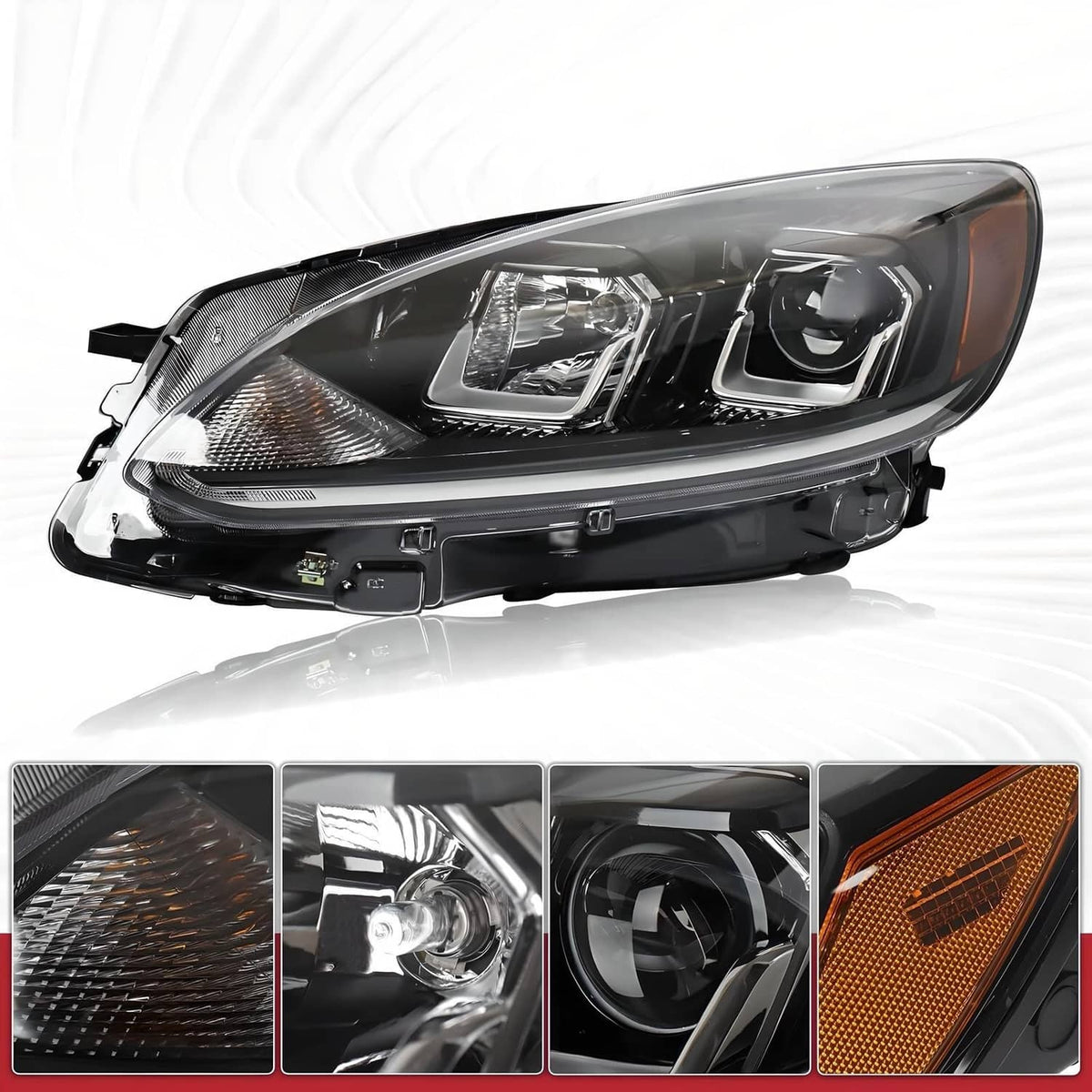Left halogen headlight with clear projector lens, black housing, and amber side reflector