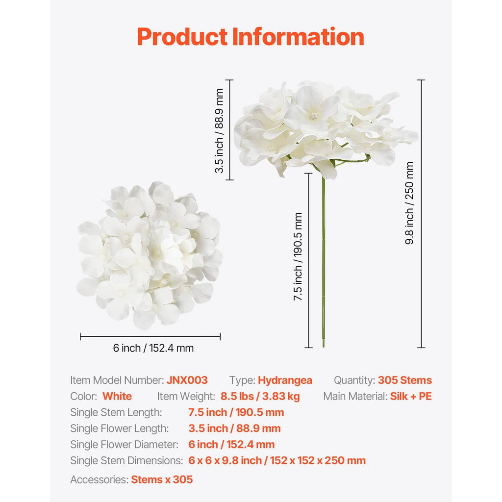 White artificial hydrangea flower stems with bloom head, product info view