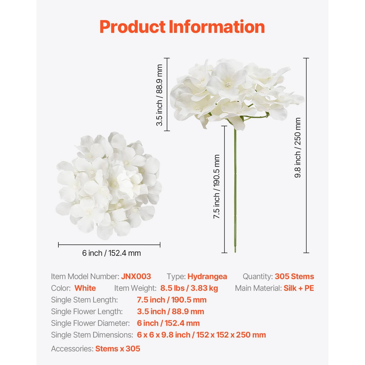 White artificial hydrangea flower stems with bloom head, product info view