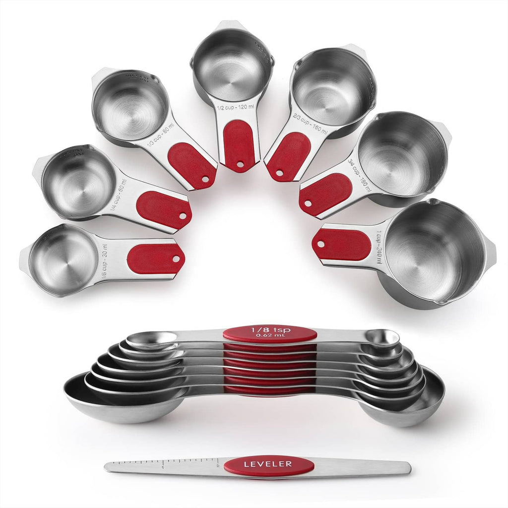 Magnetic measuring cups and spoons set, stainless with red handles, 15-piece kit