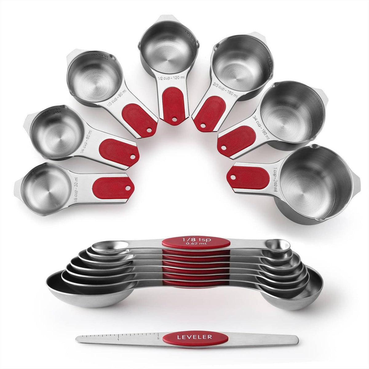 Magnetic measuring cups and spoons set, stainless with red handles, 15-piece kit