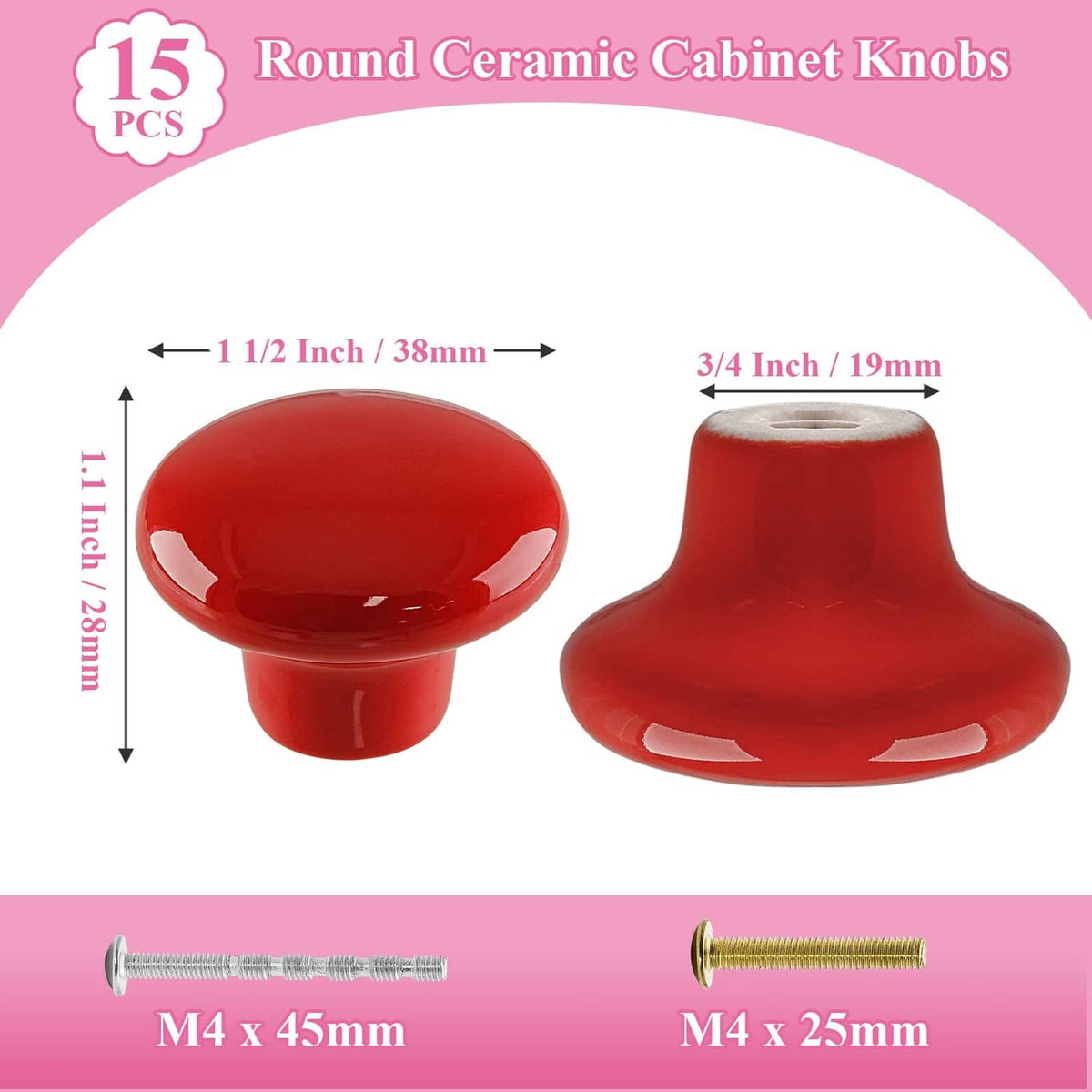 Red glossy round ceramic cabinet knobs with M4 mounting screws