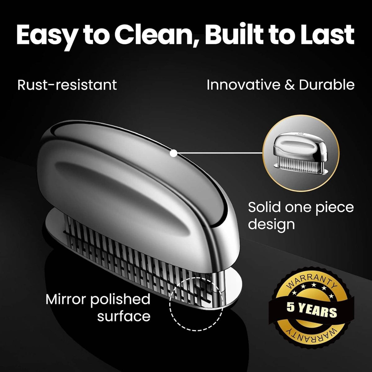 Durable meat tenderizer tool with mirror-polished head and ribbed needle blade plate