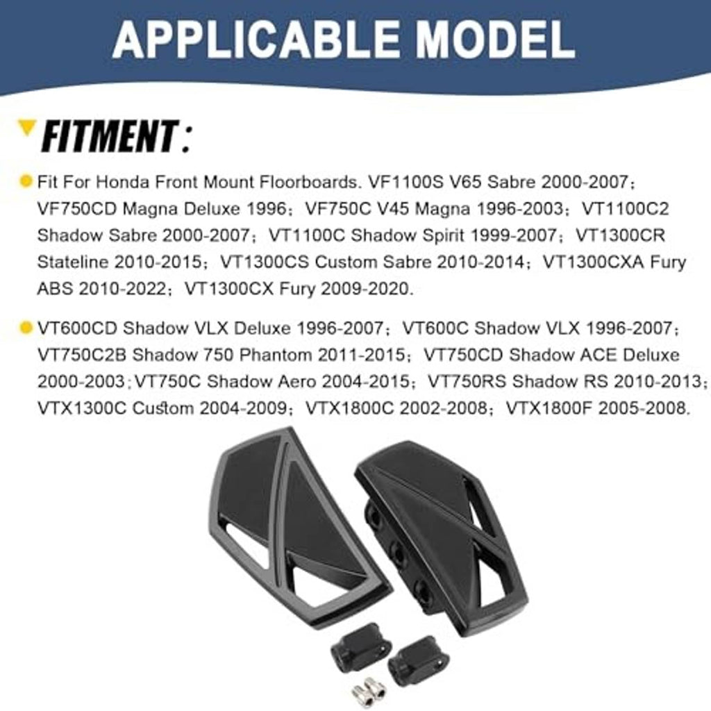 Fitment chart for front mount floorboards, compatible Honda Shadow models list