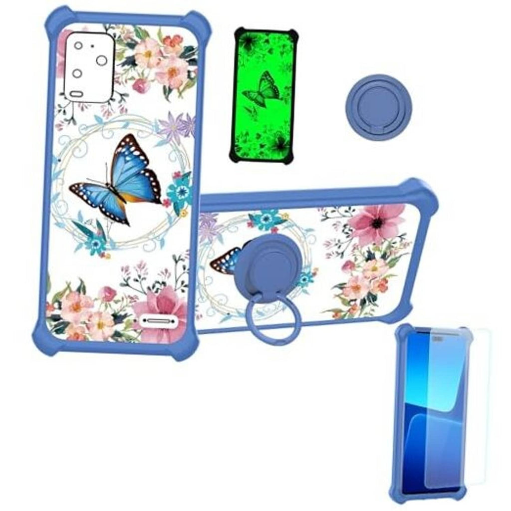 Blue floral phone case set with screen protector and blue ring kickstand