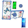 Blue floral phone case set with screen protector and blue ring kickstand