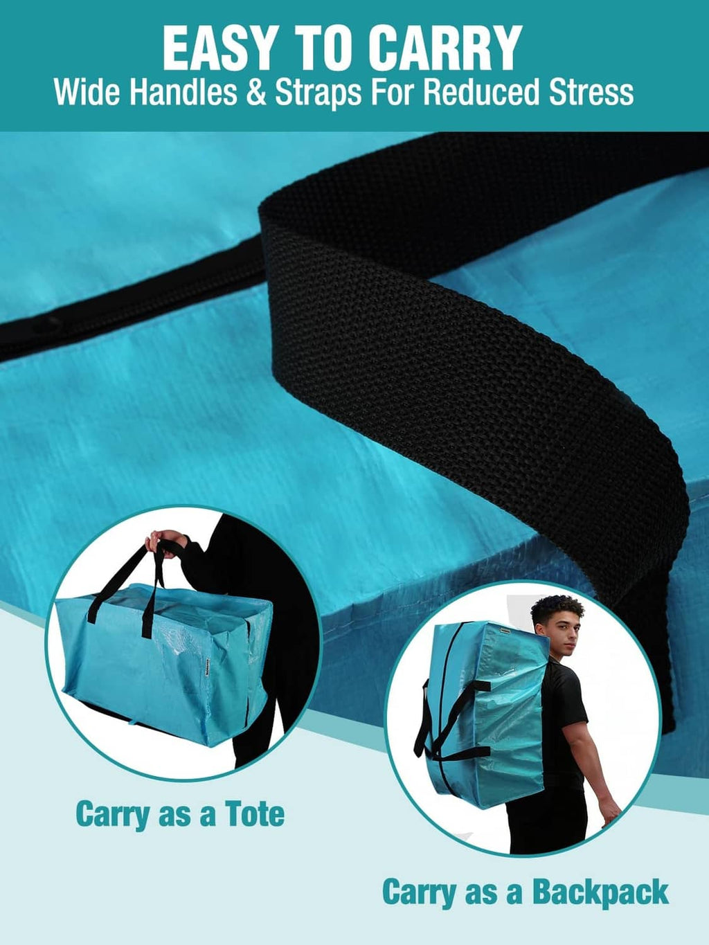 Turquoise moving bag with wide carry handles and backpack straps