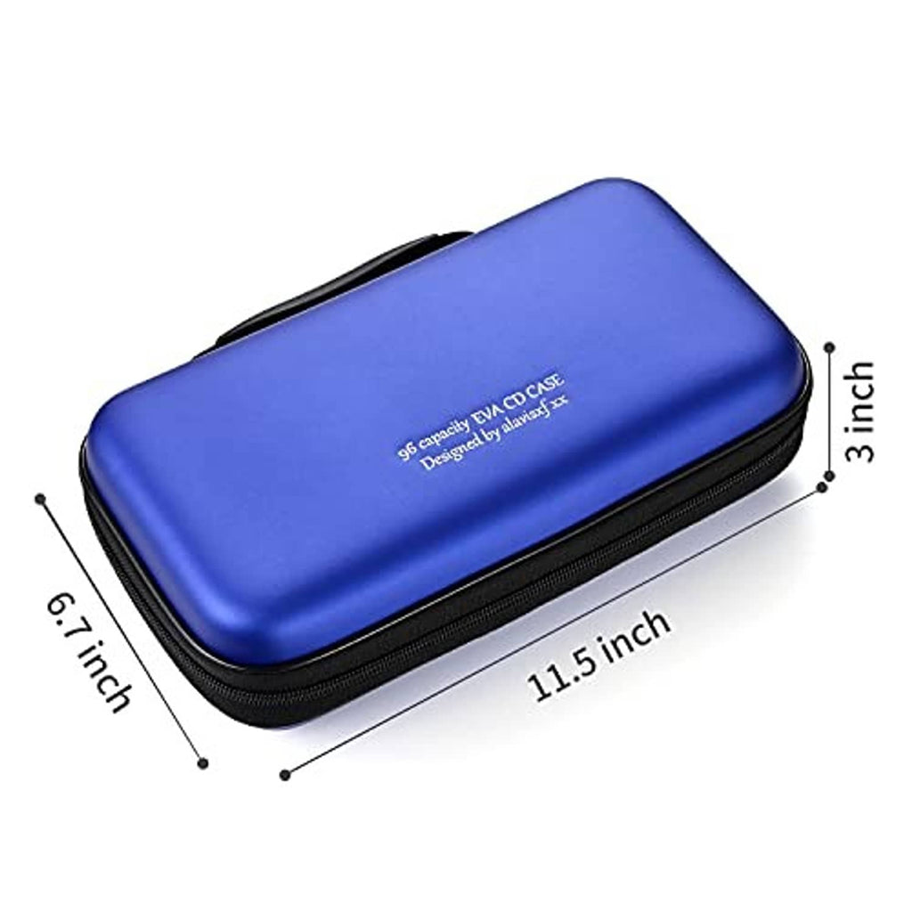 Blue hard EVA CD/DVD case with black zipper, with size markings