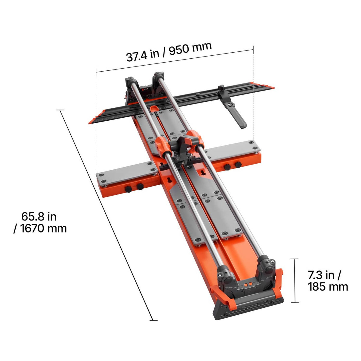 Manual tile cutter size overview with labeled length and width, orange frame and rails