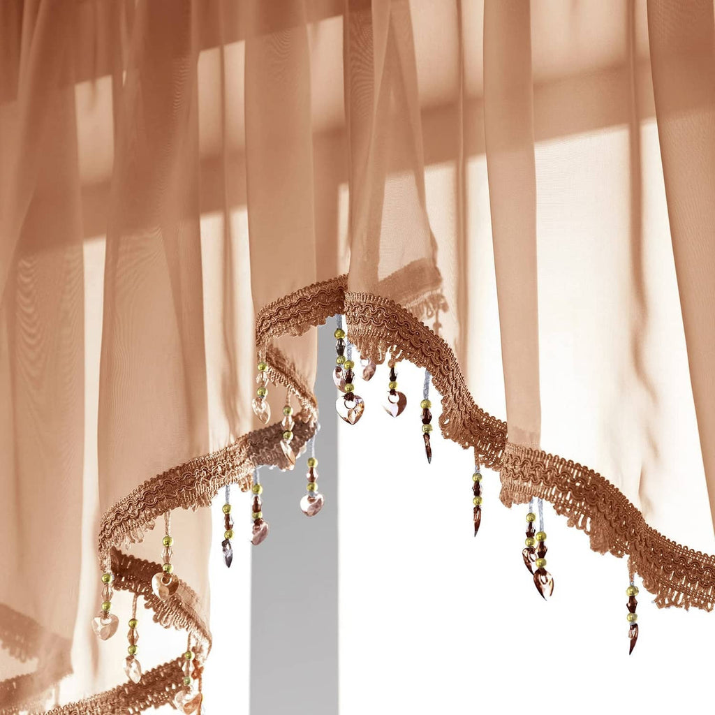 Close-up of brown sheer valance bead fringe with multicolor dangling beads