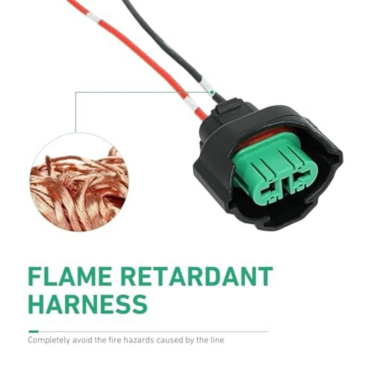 Female fog light connector with green terminal insert, black connector body, red/black wire leads