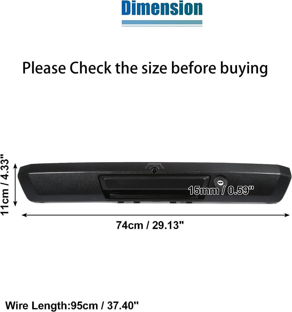 Black tailgate handle with rear camera module and center lens housing