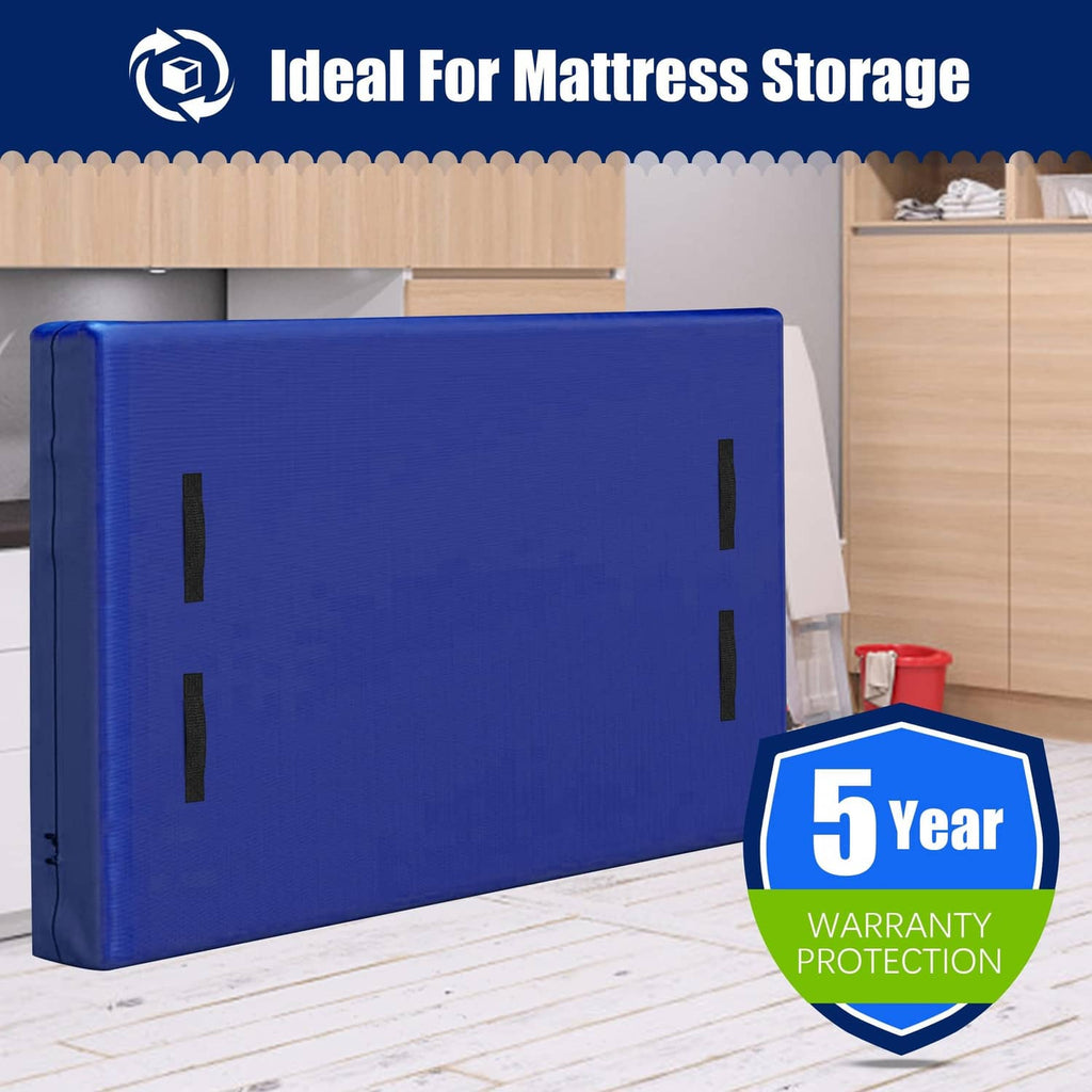 Blue king mattress storage bag with black handle straps