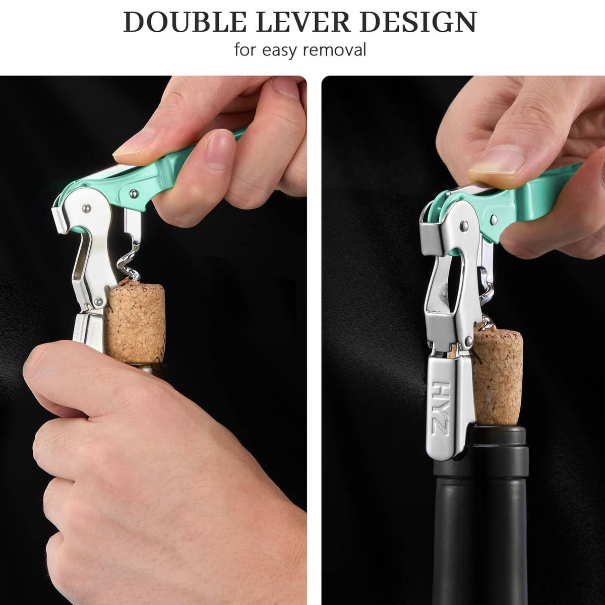 Mint green double-lever waiter corkscrew pulling a cork from a wine bottle