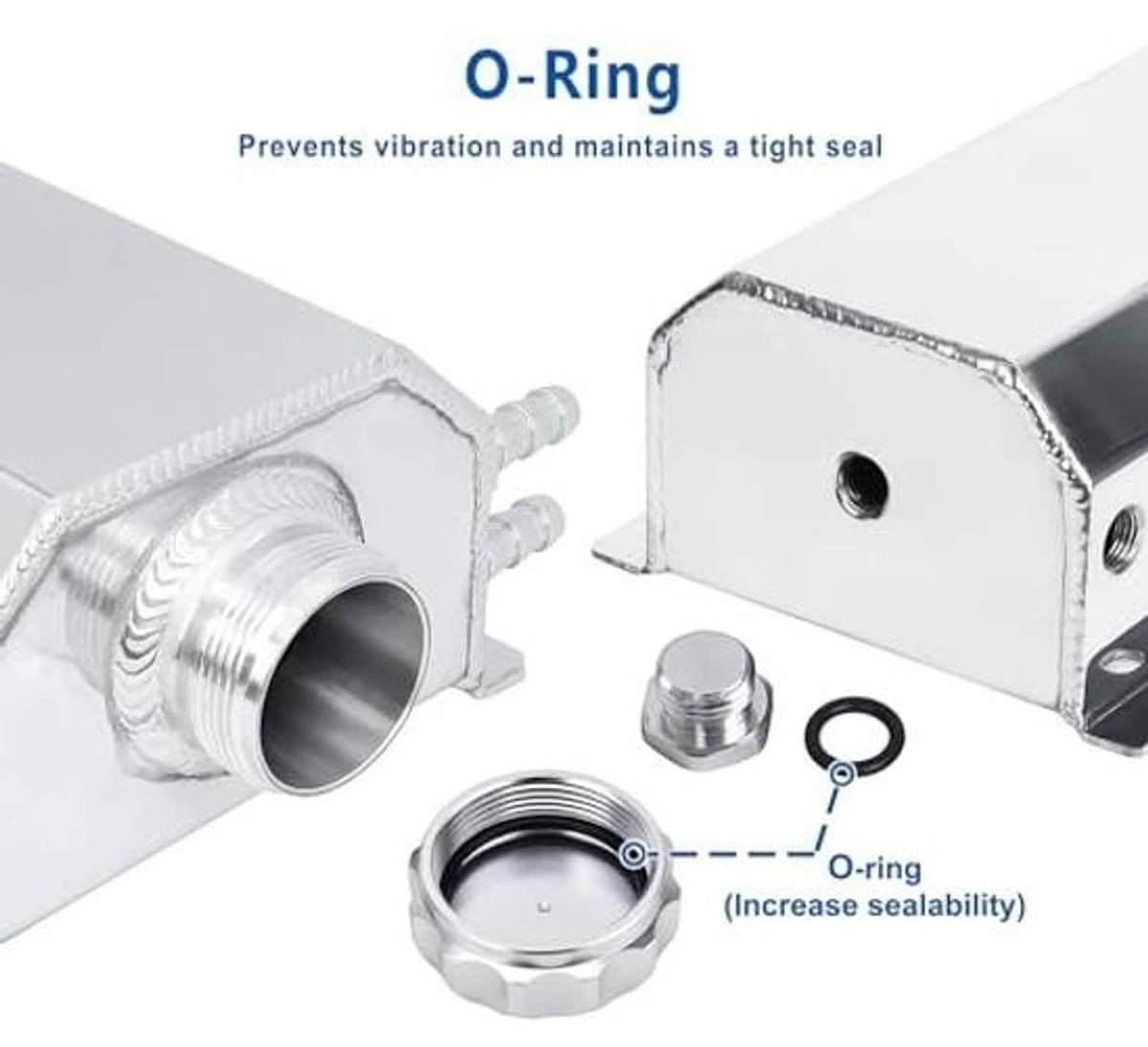 O-ring and threaded connections on aluminum coolant overflow tank for tight seal