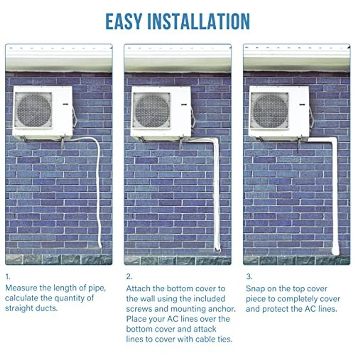 White mini split line set cover kit installed over lines on a brick wall