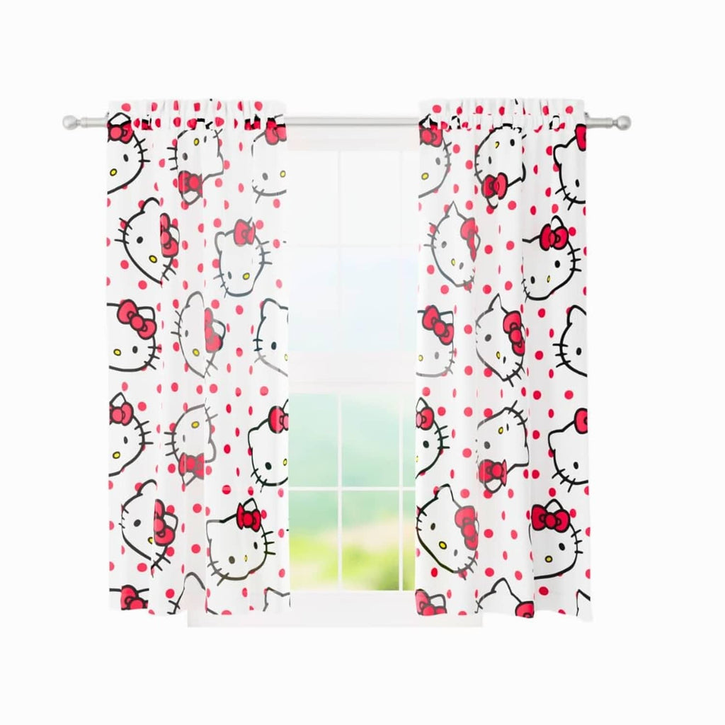 Kids window curtains: white fabric with Hello Kitty faces and red bows; hanging on rod rings.