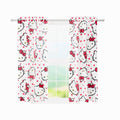 Kids window curtains: white fabric with Hello Kitty faces and red bows; hanging on rod rings.