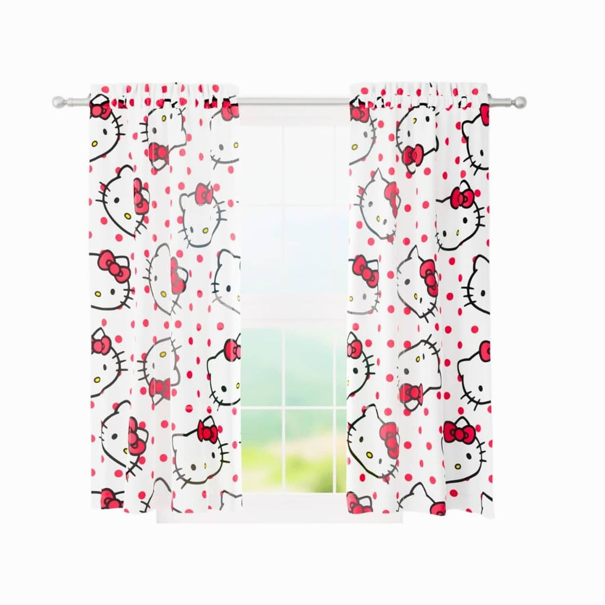 Kids window curtains: white fabric with Hello Kitty faces and red bows; hanging on rod rings.