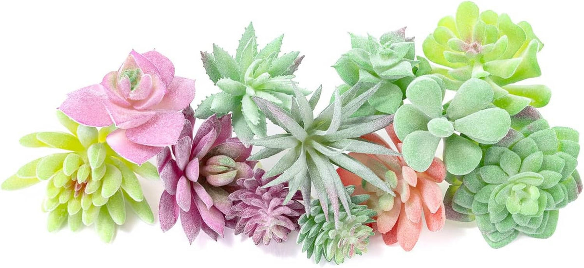 Mixed flocked mini artificial succulents with green, pink, and purple leaves.
