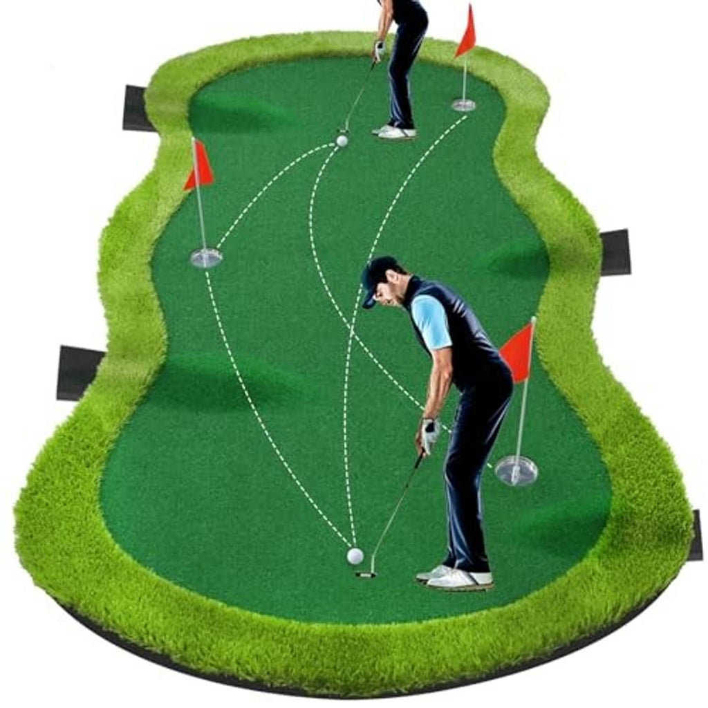 Golf putting green mat with practice holes and red flags, with golfer in stance