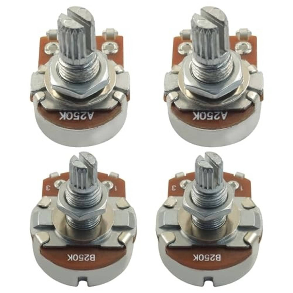 Guitar potentiometer with 15mm metal shaft, solder lugs, and brown circuit base, silver body