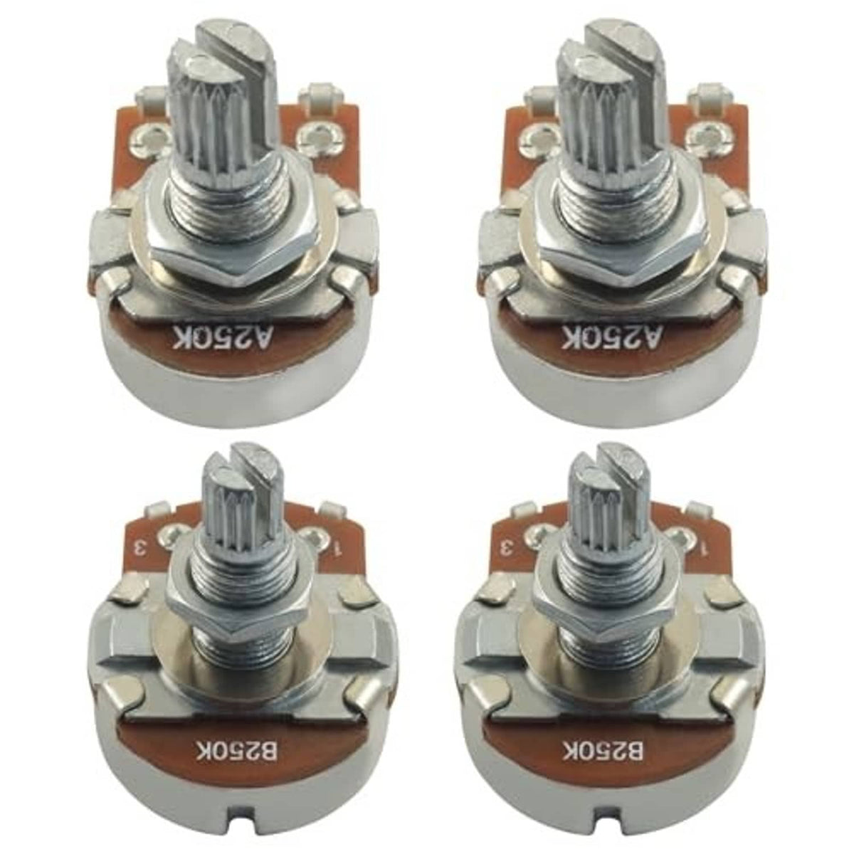 Guitar potentiometer with 15mm metal shaft, solder lugs, and brown circuit base, silver body