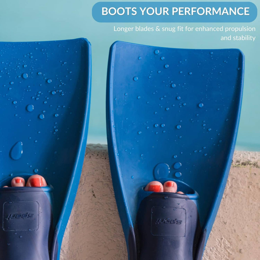 Blue floating swim fins with textured grip and foot pocket