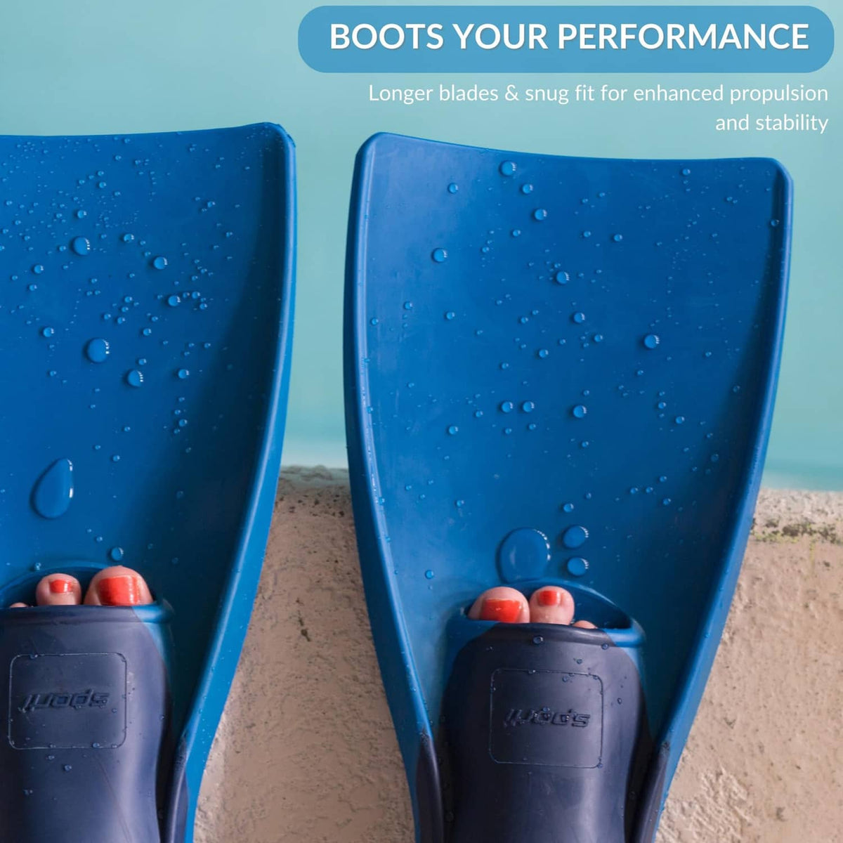 Blue floating swim fins with textured grip and foot pocket