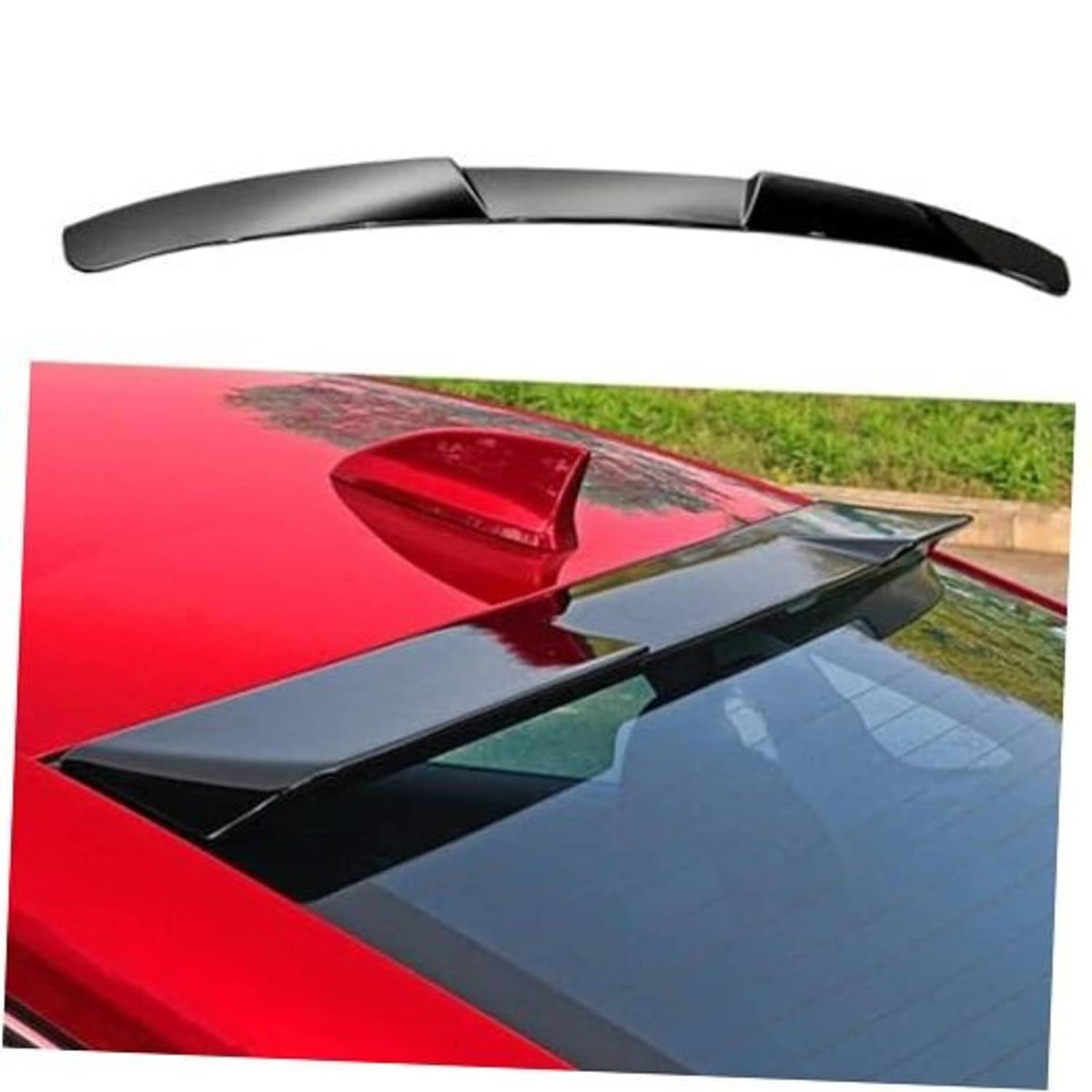 Glossy black rear roof lip spoiler wing, curved with raised center fin detail