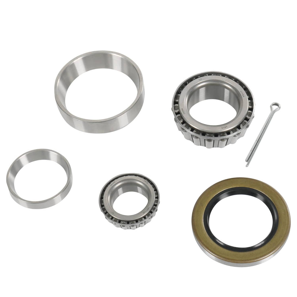 Trailer wheel bearing axle kit with inner and outer bearing races, seal, and cotter pin