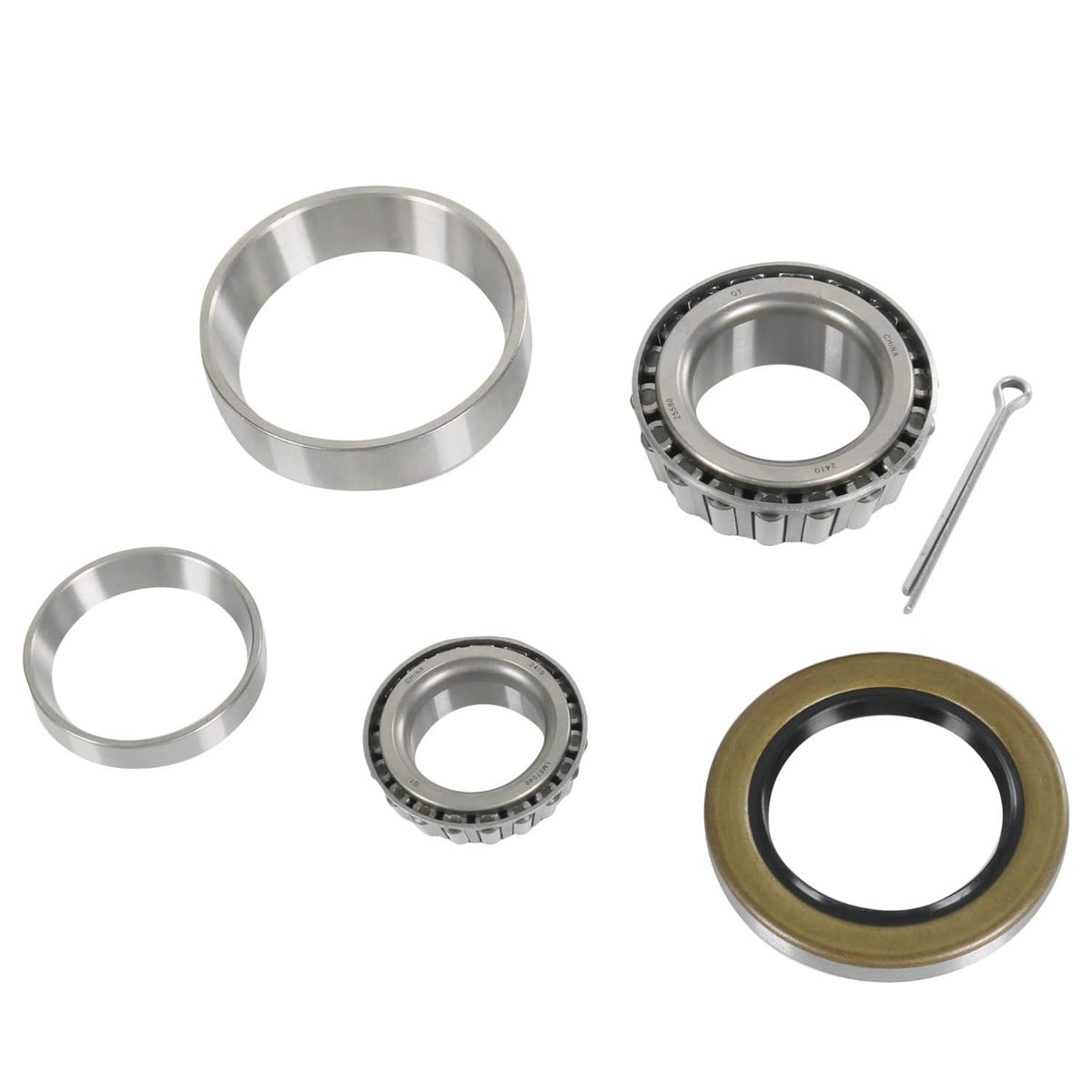 Trailer wheel bearing axle kit with inner and outer bearing races, seal, and cotter pin