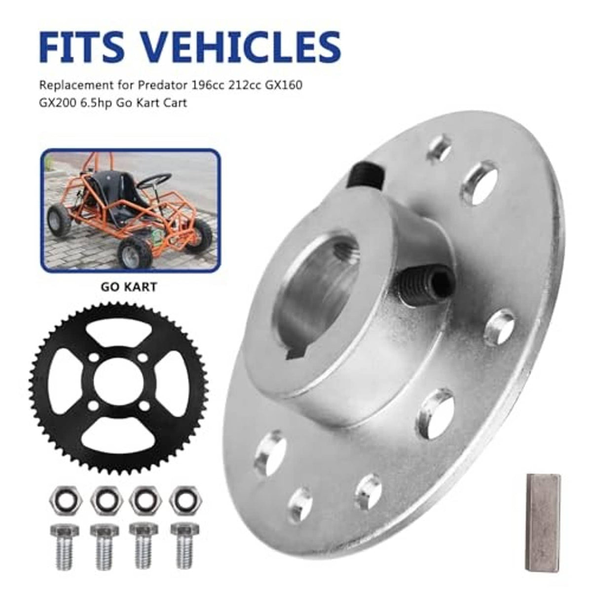 Steel go-kart rear sprocket with black toothed wheel, hub plate, and hardware kit.