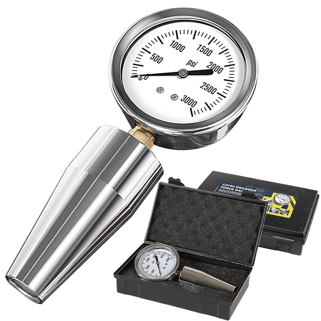 Drawbar force gage tester set with round dial gauge, metal cylinder tool, and case