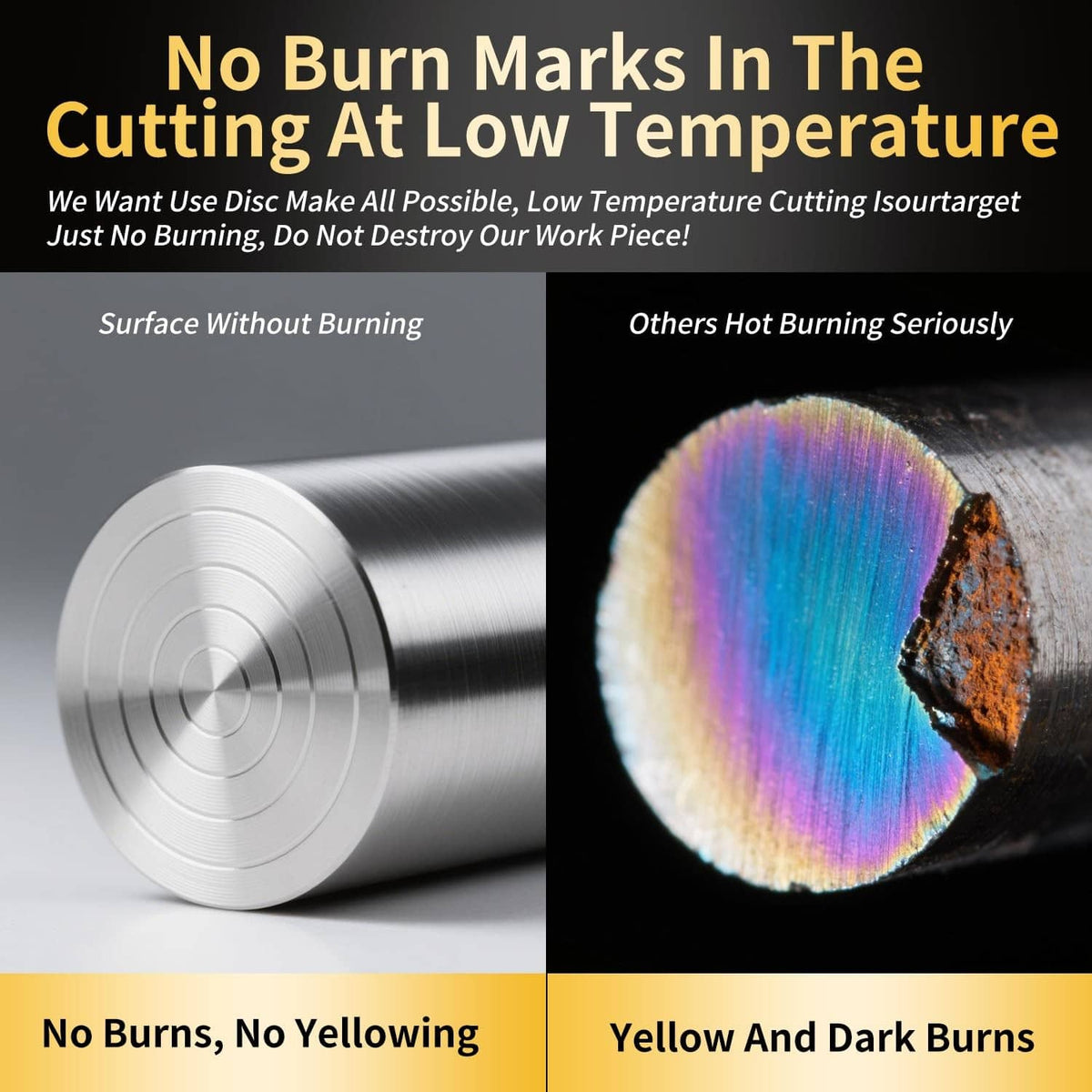Metal cutting disc for low-temperature cutting, shown with unburned steel surface