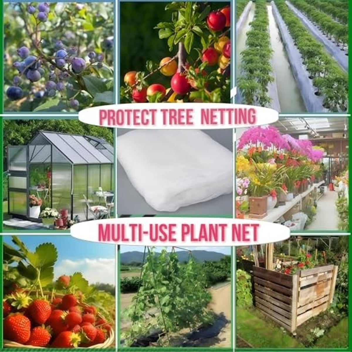 White multi-use plant netting, shown covering plants in garden and greenhouse