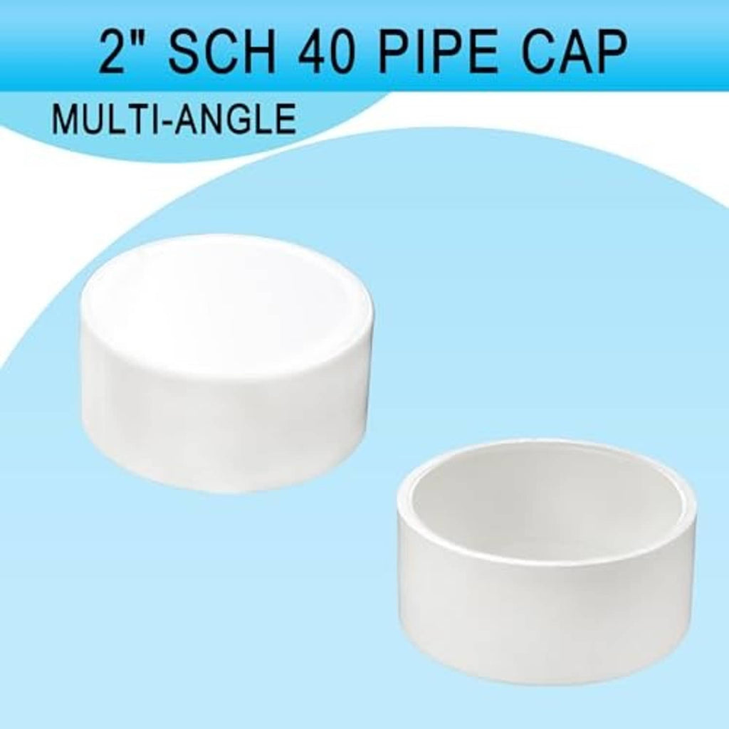 White 2 in PVC socket cap fittings, multi-angle view of rounded end cap