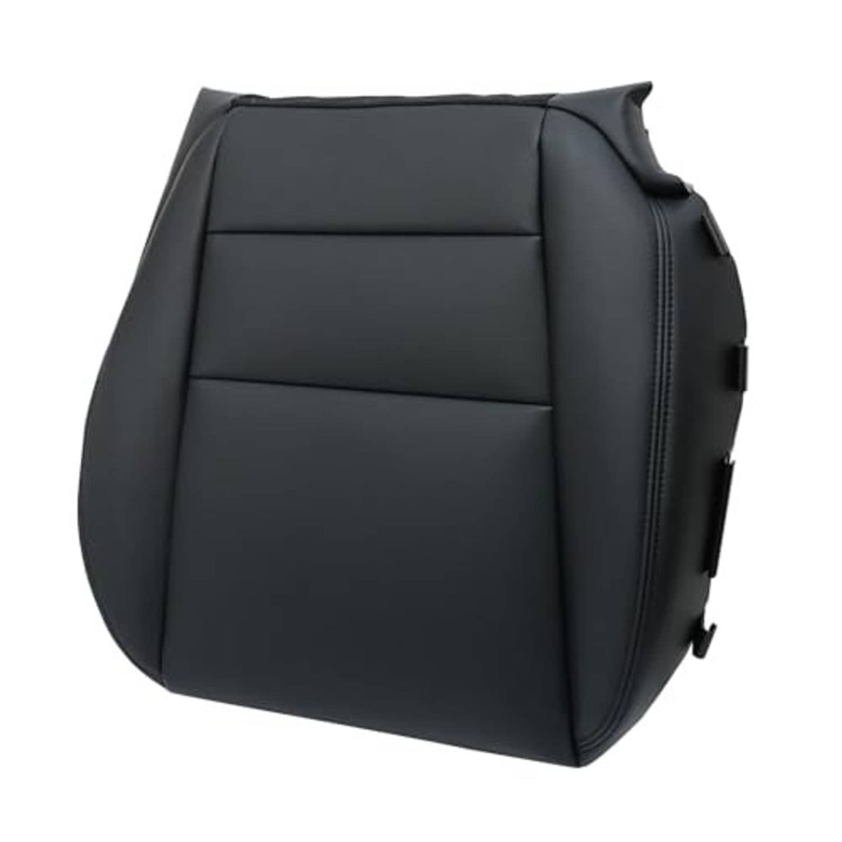 Black leather front seat bottom cover with quilted center panel and padded side bolsters.