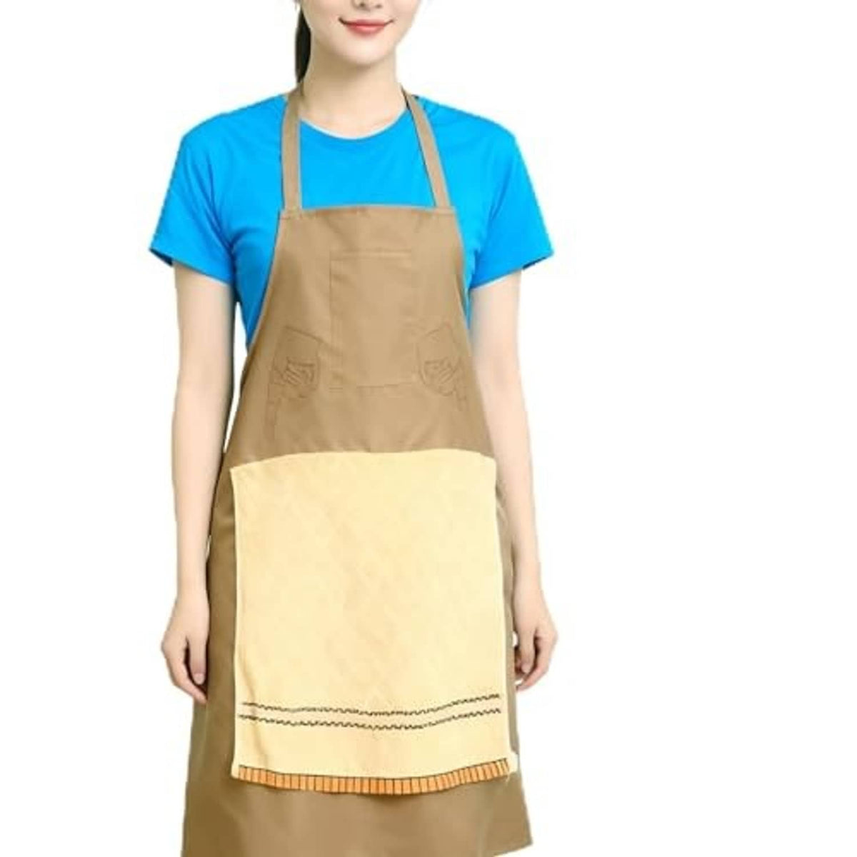 Brown apron with tan front panel and stitched zigzag hem, adjustable neck and straps